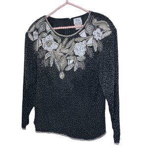 Vintage Together Women's Large L Black 100% Silk Embellished Beaded Top Blouse‎